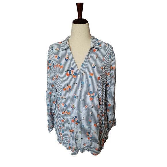 J. Jill Blouse Womens‎ Plus Size 2XL Blue  Floral Stripe Button Up Tunic Top - Picture 1 of 6